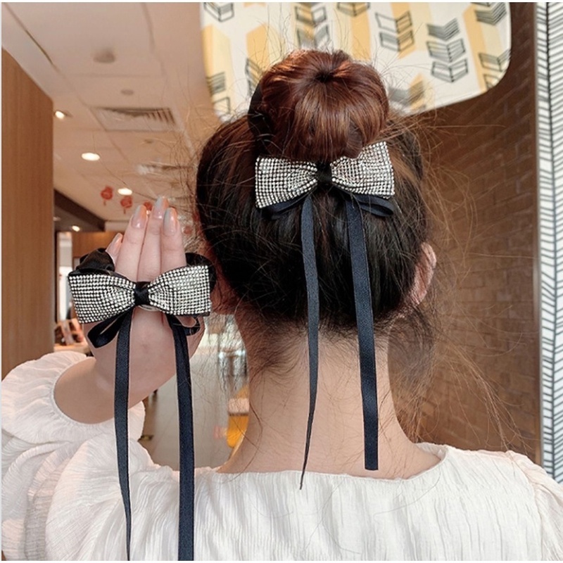 Dây Cột Tóc Bản Lớn Màu Đen Đính Đá Pha Lê Lấp Lánh Phong Cách Vintage Cho Nữ