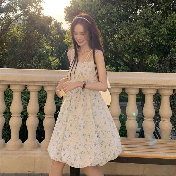 Đầm Hai Dây Họa Tiết Hoa Thắt Nơ Phong Cách Pháp Ngọt Ngào Cho Nữ