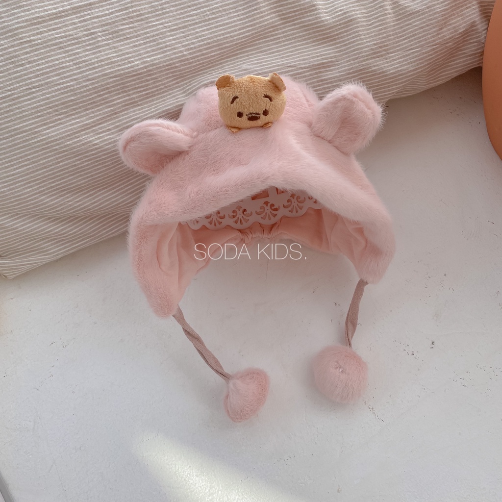 Mũ lông gấu pooh cục bông cho bé 3 màu (Ảnh thật)