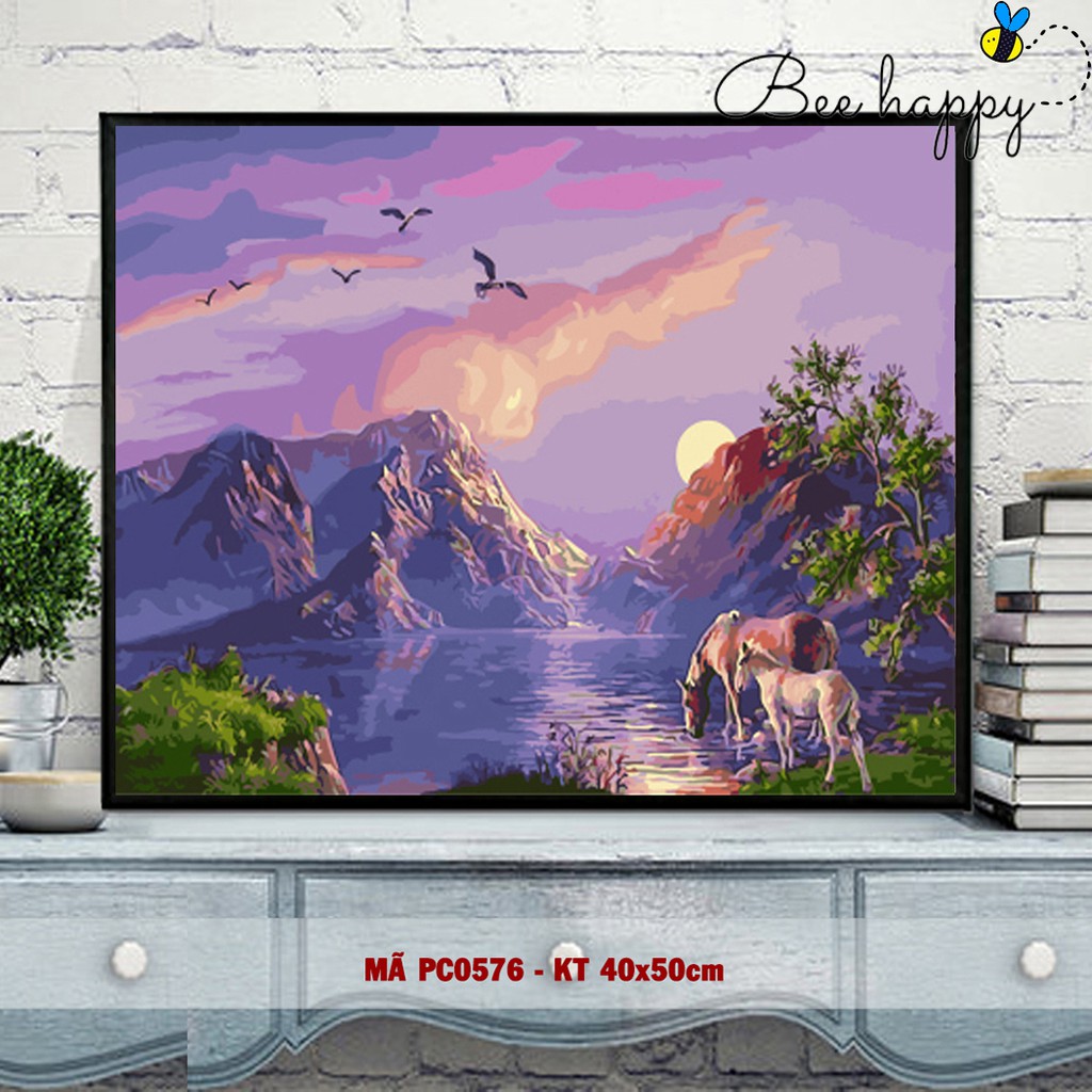 Tranh sơn dầu số hóa tự tô màu phong cảnh BEE HAPPY - Mã PC0576 Đôi ngựa dưới ánh hoàng hôn