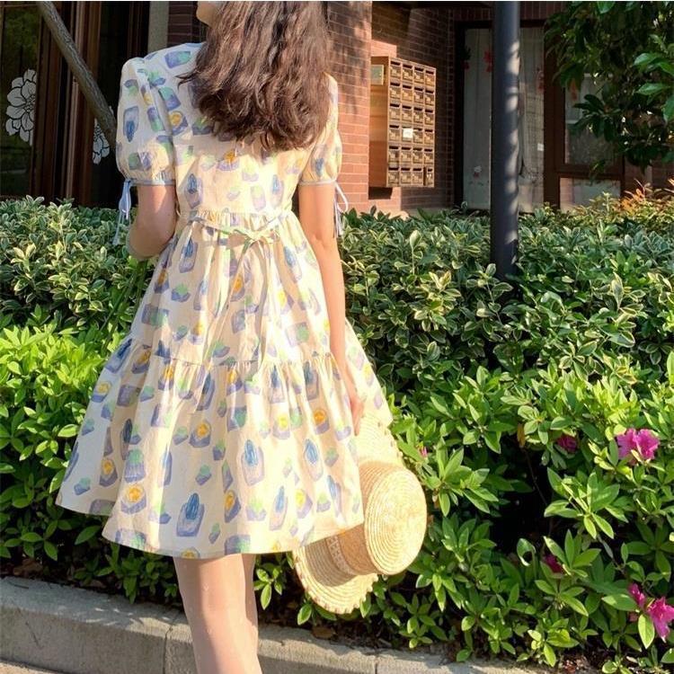 Đầm tay phồng lưng cao in họa tiết xinh xắn dành cho nữ