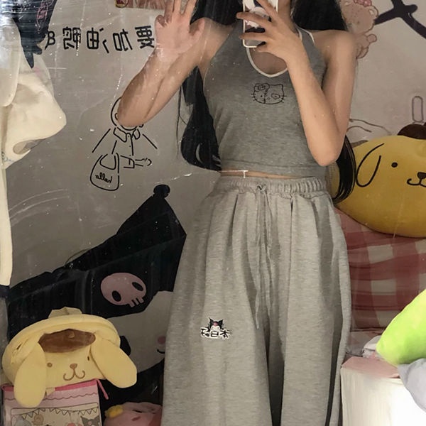 Summer New Japanese Cartoon Hanging Neck Hello Kitty Vest Girls Sexy Outer Wear Cute Pure Lust Style Short Section with Hot Girl Sleeveless Top