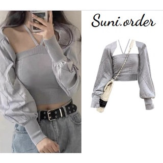 Set áo yếm kèm áo khoác cardigan len mỏng dệt kim