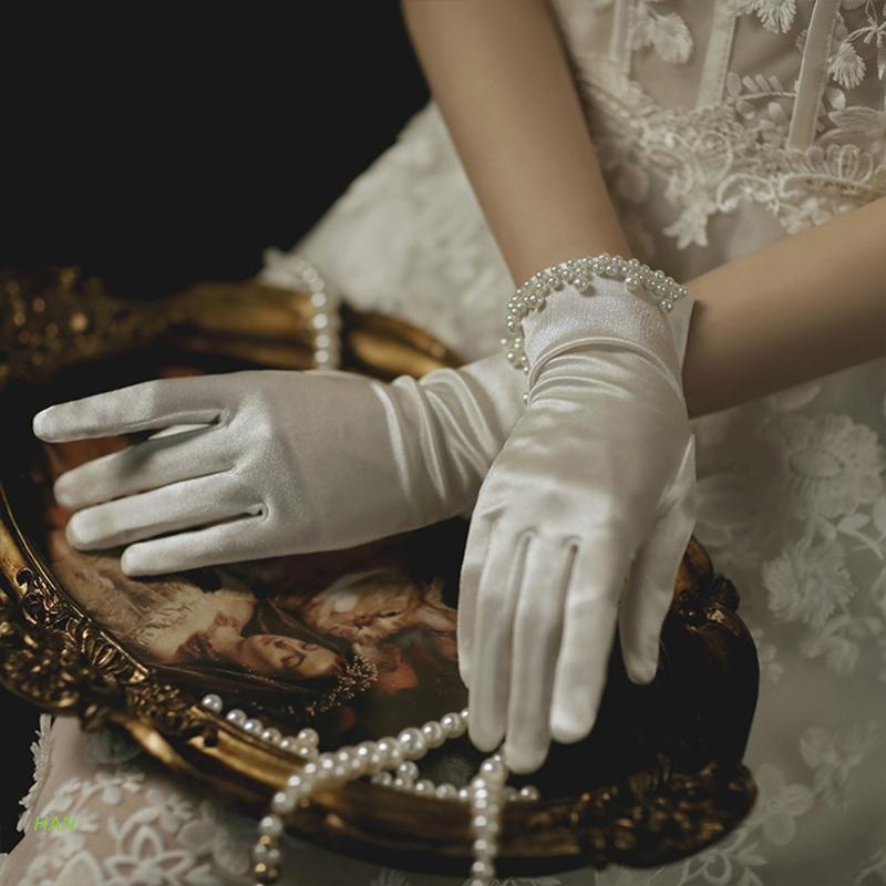 Găng tay Satin đính hạt ngọc trai nhân tạo toàn diện phong cách Vintage cho cô dâu