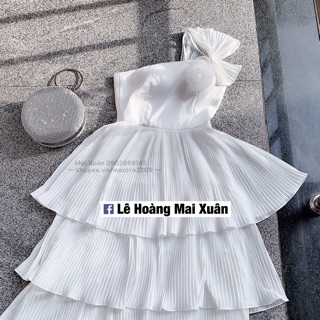 Đầm trắng lệch vai 3 tầng dập li