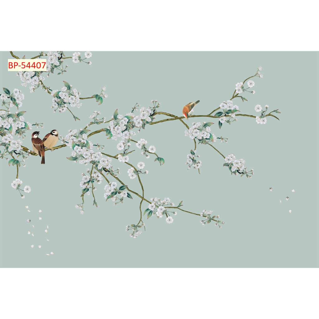 Tranh 3D dán tường phòng khách phong cách INDOCHINE cành hoa nhí, dáng cánh hoa nhỏ