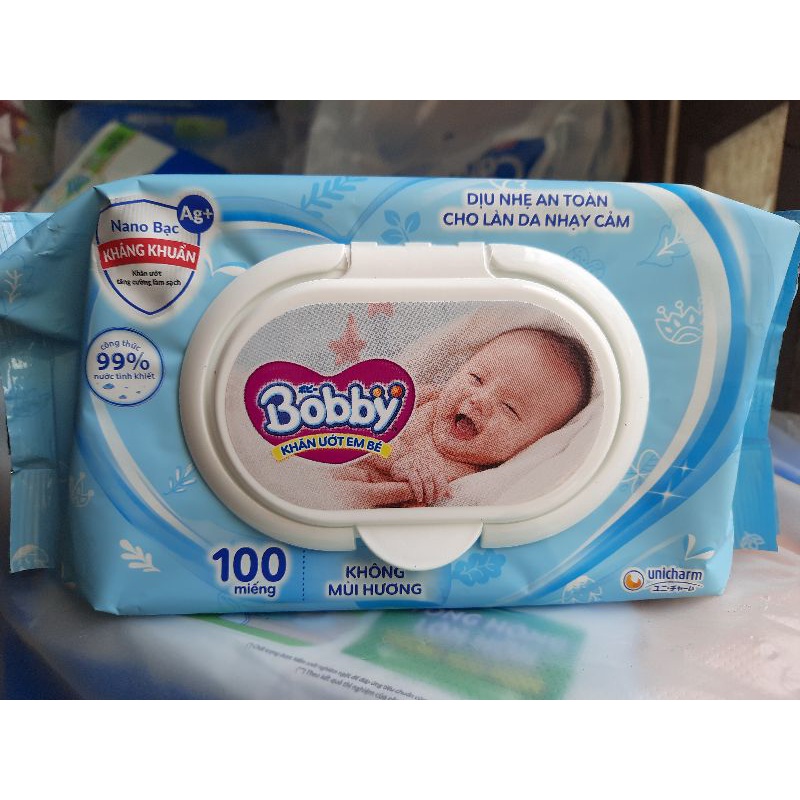 Combo 10 gói khăn ướt bobby 100 tờ không mùi cho bé sơ sinh mẫu mới Bobby