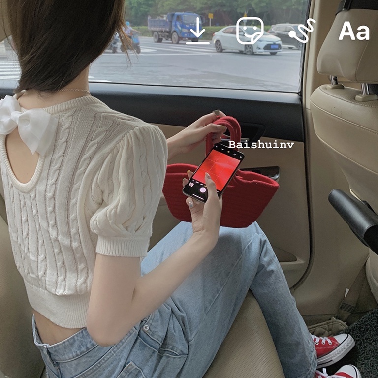 Áo sweater ZHELIHANGFEI tay phồng đính nơ xinh xắn hợp thời trang