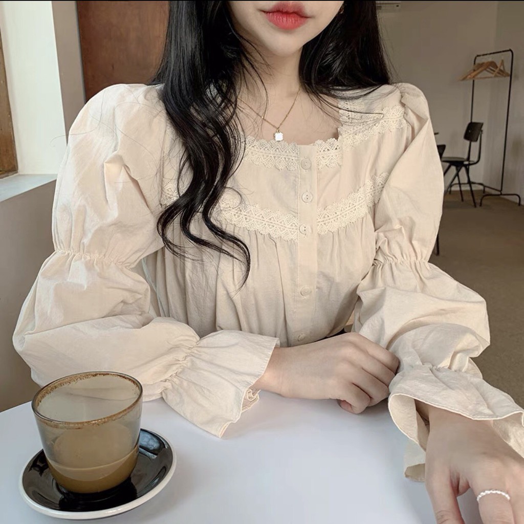 Áo babydoll cổ vuông ren bo tay tiểu thư - Áo sơ mi ren điệu bo tay ống loe ulzzang