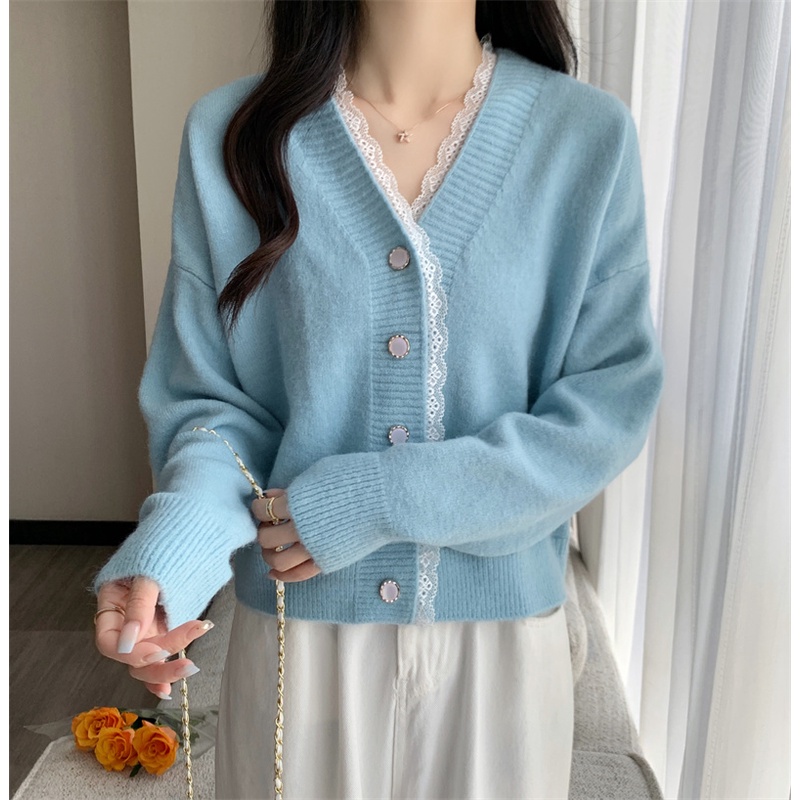 Áo Khoác cardigan Dệt Kim Cổ Chữ V Phối Ren Thời Trang Thu Đông Hàng Mới 2022