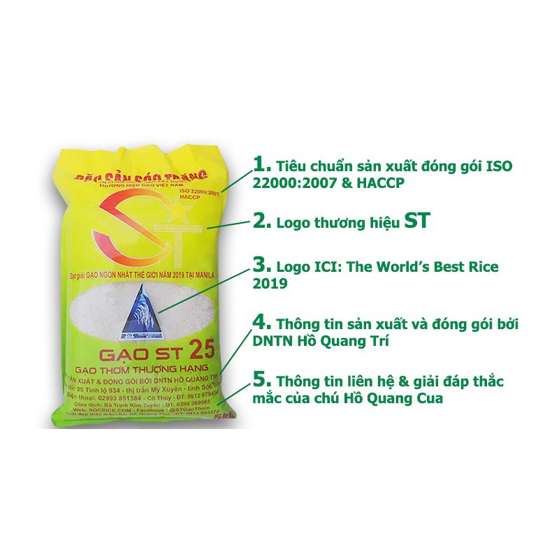 (túi 5kg) Gạo ST25 phát minh của chú Hồ Quang Cua, sản xuất bởi DNTN Hồ Quang Trí (Sóc Trăng) – Gạo ngon nhất thế giới