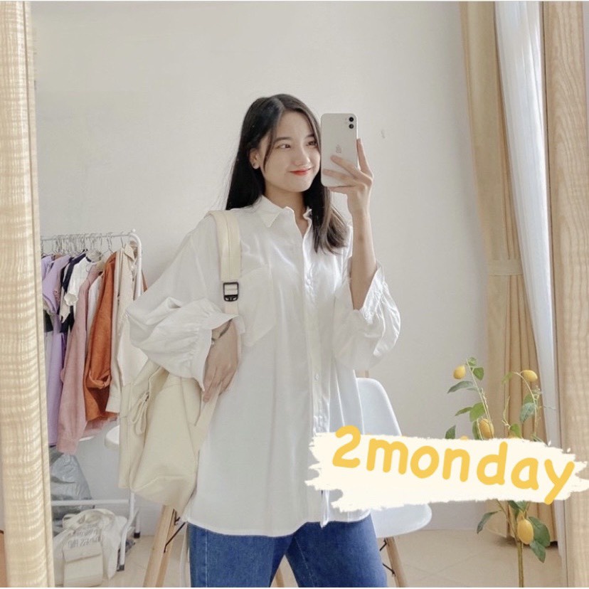 Áo sơ mi trắng lụa hàn túi ngực oversize tay phồng (Ảnh thật)