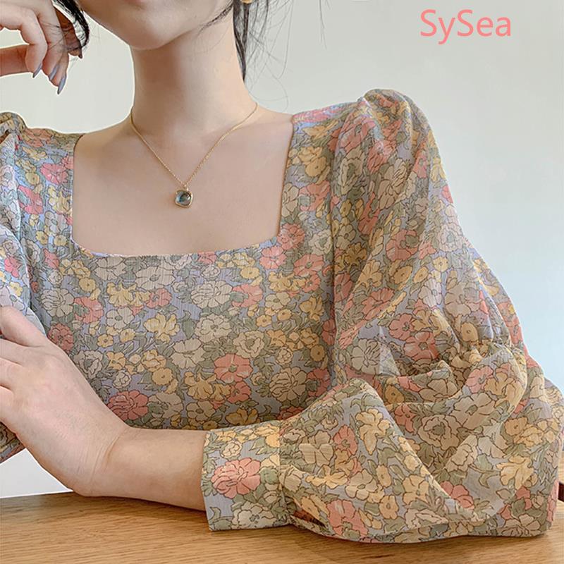 Áo chiffon dài tay họa tiết hoa phong cách thời trang hè ngọt ngào dịu dàng