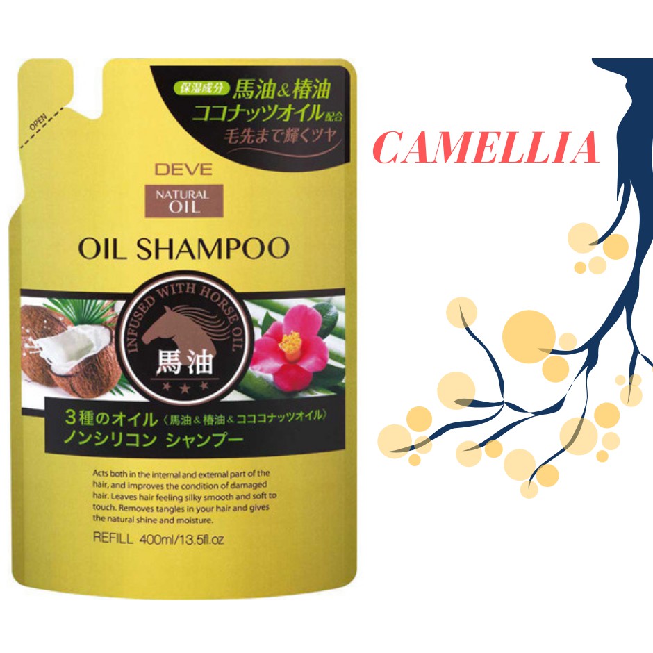 Dầu gội chiết xuất từ dầu ngựa, dầu dừa, dầu hoa trà Deve Natural Oil Shampoo 400ml (dạng túi)