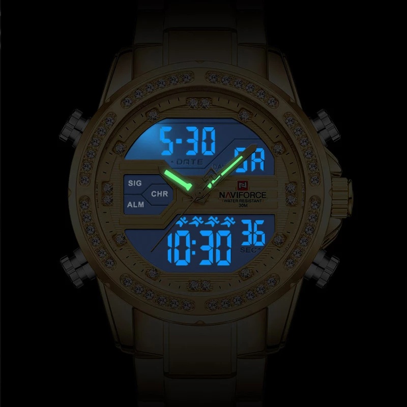 Naviforce Đồng Hồ Quartz Điện Tử Đính Pha Lê Hai Mặt Chất Liệu Thép Không Gỉ Chống Thấm Nước
