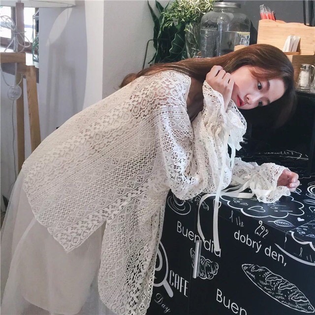 Áo Khoác Cardigan Ren Tay Nơ Đi Biển ❤️freeship ❤️ ảnh thật