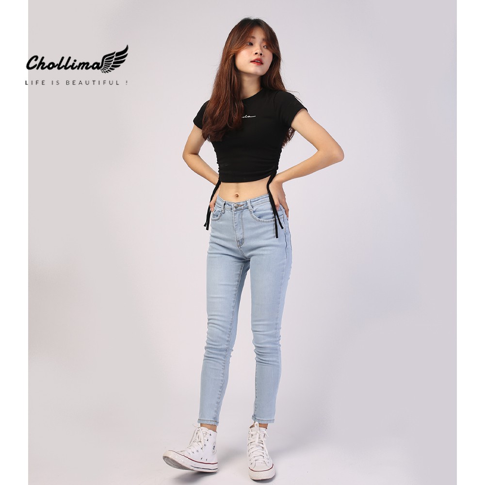 Quần jeans dài nữ co giãn Chollima trơn màu xanh trắng QD024 phong cách hàn quốc