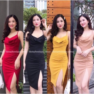 Đầm body 2 dây cổ đỗ xẻ tà sang chảnh