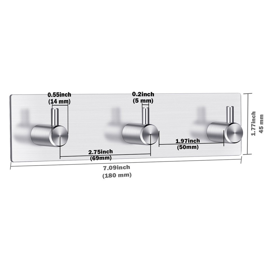 Thanh móc INOX SUS304 cao cấp dính tường, móc dính tường 3 chấu-Móc Trụ