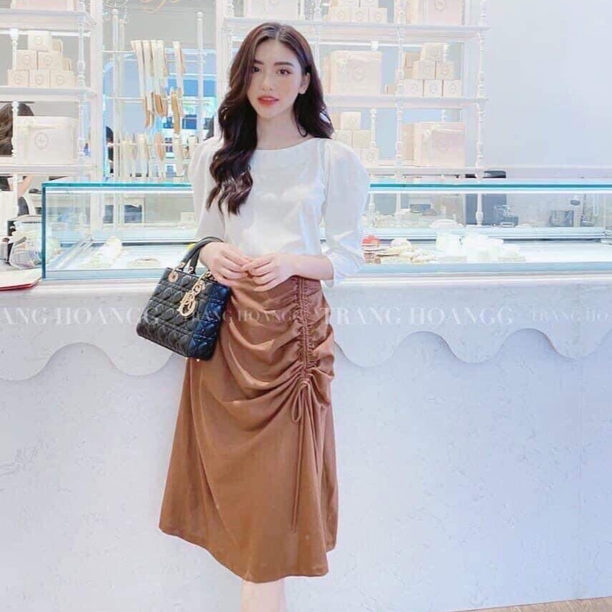 Sét áo và chân váy nữ áo sơ mi cổ tròn phối chân váy rút dây kiểu dáng trẻ trung thanh lịch