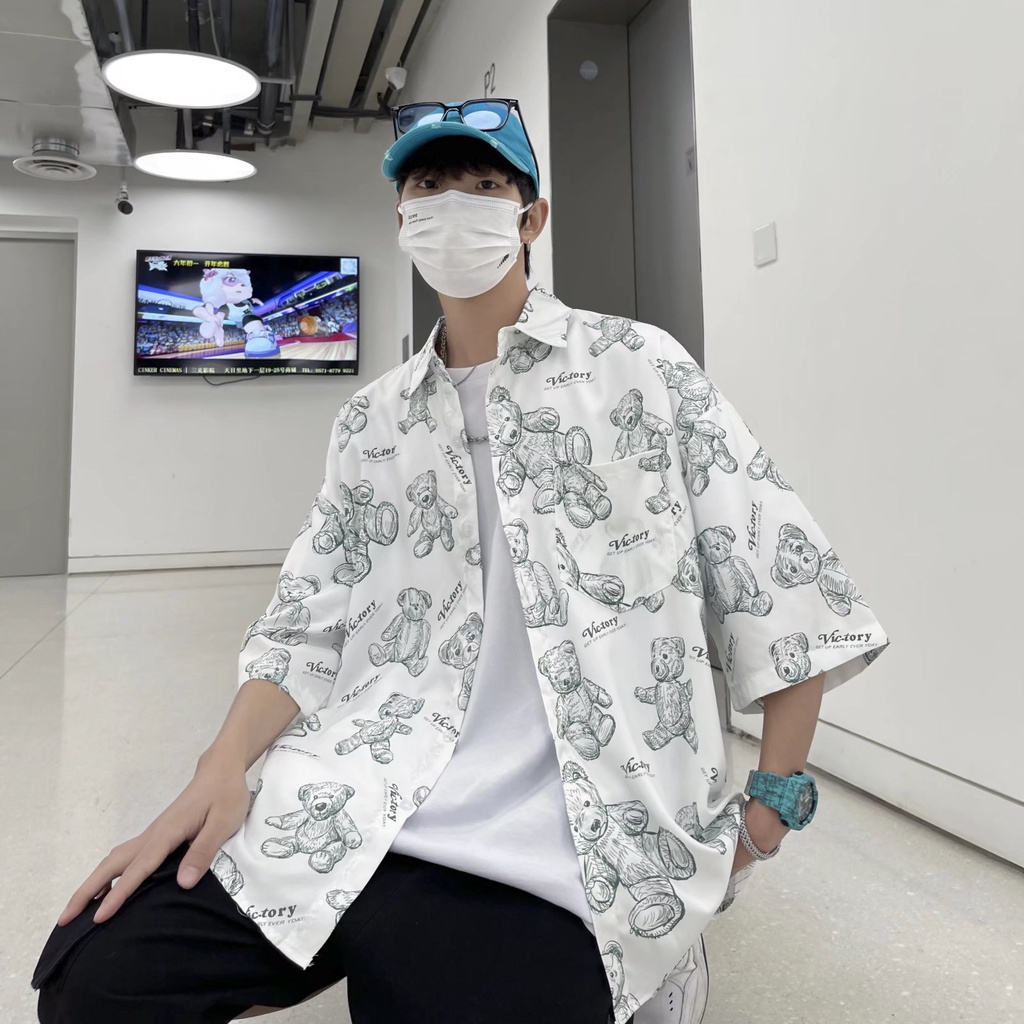 Short Sleeve Shirt With Cartoon Bear Pattern High Quality Korean Style Summer Fashion 2022 For Men