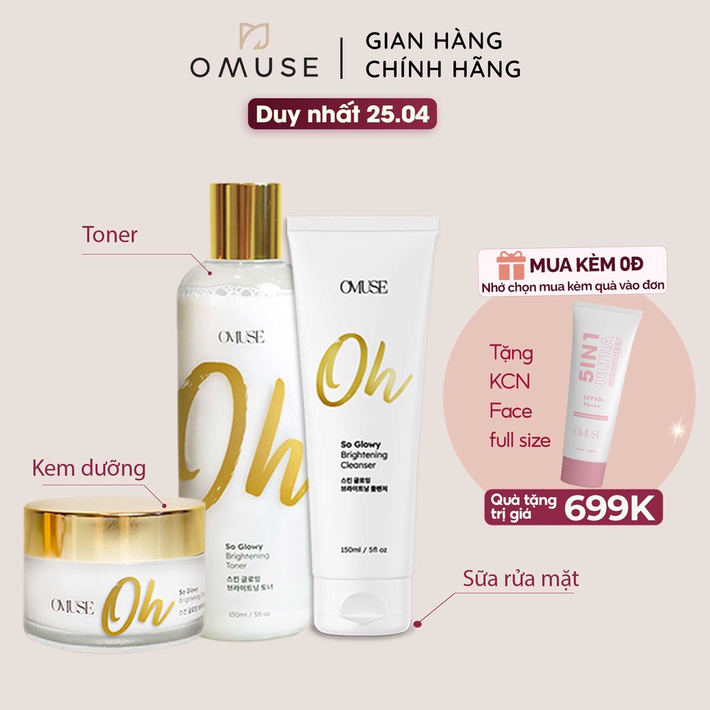 Combo Cream &amp; Toner dưỡng trắng và phục hồi da O’Muse Oh So Glowy Brightening