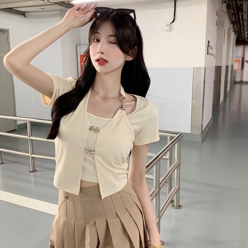 Áo Thun Ngắn Tay Giả Hai Lớp Phong Cách Hàn Quốc Dành Cho Nữ