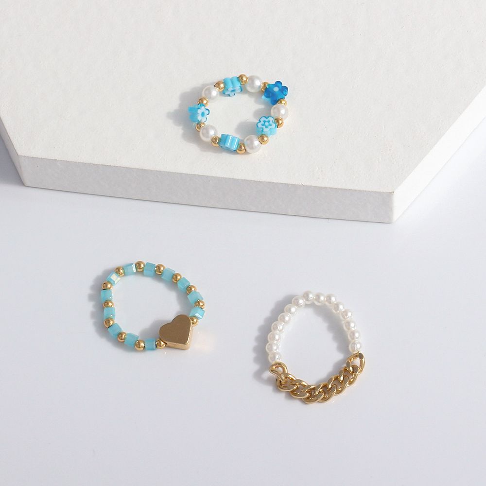 Nhẫn đeo ngón tay co giãn đính hạt hình hoa/trái tim nhiều màu dễ thương phong cách Bohemian Hàn Quốc cho nữ