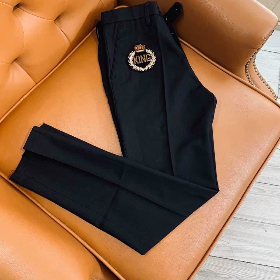 Quần âu nam ống côn hàn quốc, Quần tây nam thêu logo đính đá họa tiết vải tuyết hàn