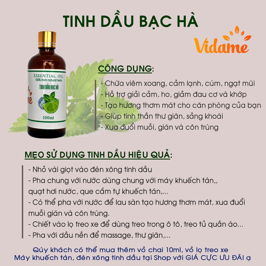 [COMBO 2 LỌ] 100ML Tinh dầu Sả Chanh + Bạc Hà VIDAME - Hàng Chính Hãng, Tinh Dầu Thơm Xông Phòng, Khử Mùi Hiệu Quả