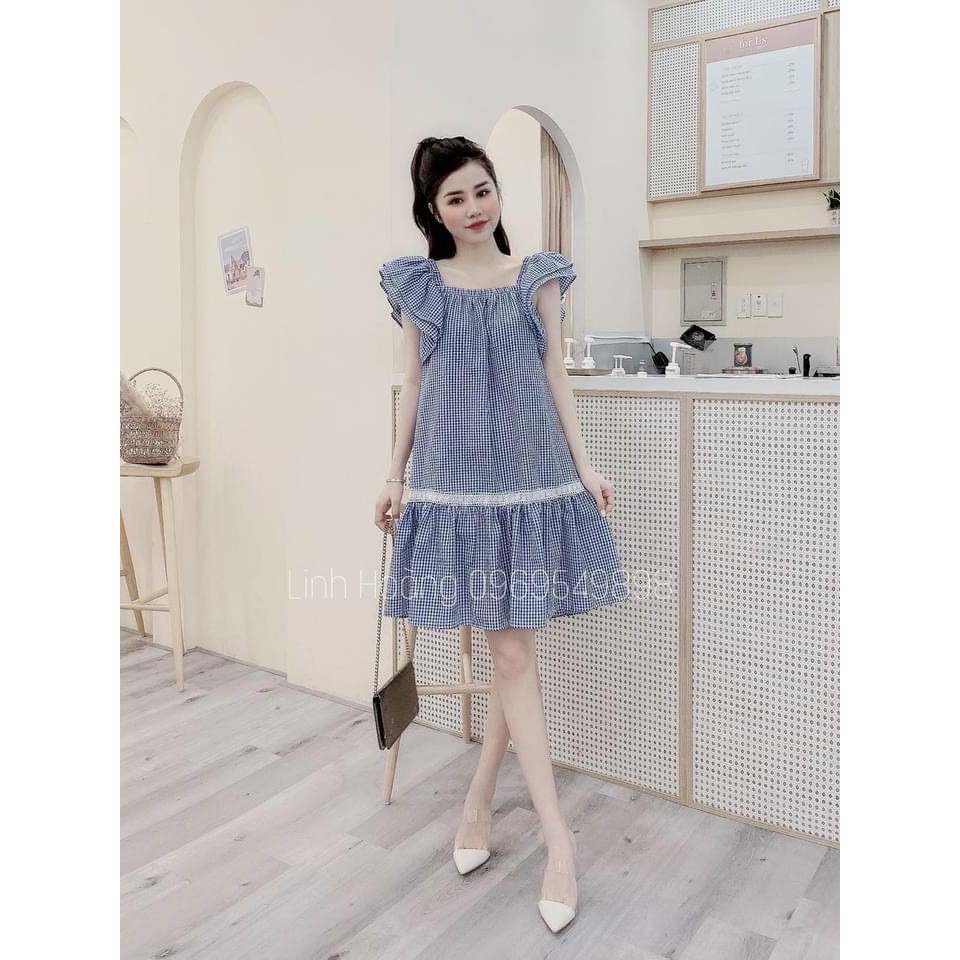 Đầm Kẻ Xanh Cánh Tiên Phối Ren | BigBuy360 - bigbuy360.vn