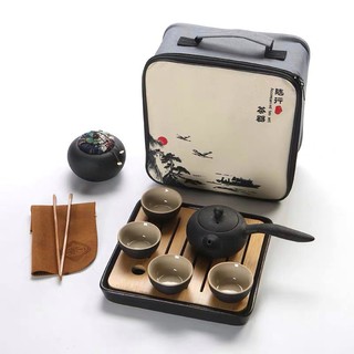 Bộ Ấm Trà Bằng Gốm Sứ Cao Cấp 8 món Pha Trà Đạo - Kèm Khay & Túi Đựng