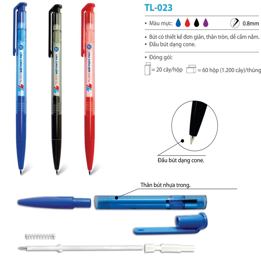 ( 1 Hộp 20 Cây ) Bút Bi TL023 Ngòi 0.8mm Thiên Long Camshop
