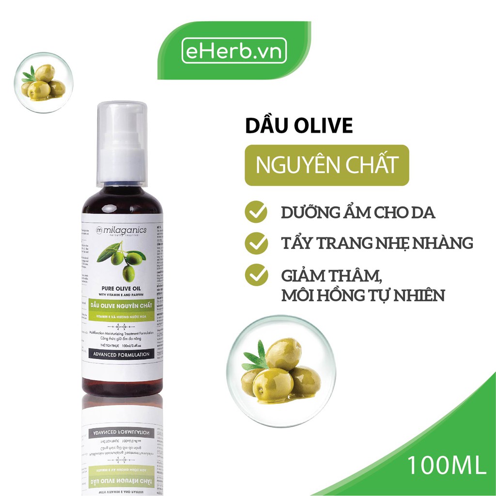 Dầu Olive Nguyên Chất Dưỡng Da - Tóc - Môi MILAGANICS 100ml (Chai)