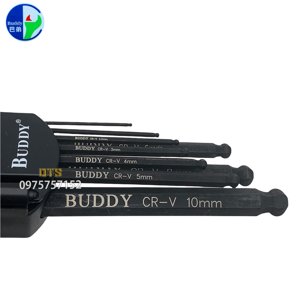Bộ lục giác đầu bi ngắn có nam châm đa năng Nhật Bản Buddy BA0098, bộ lục giác bi thép cứng S2 cao cấp xử lý đen bề mặt
