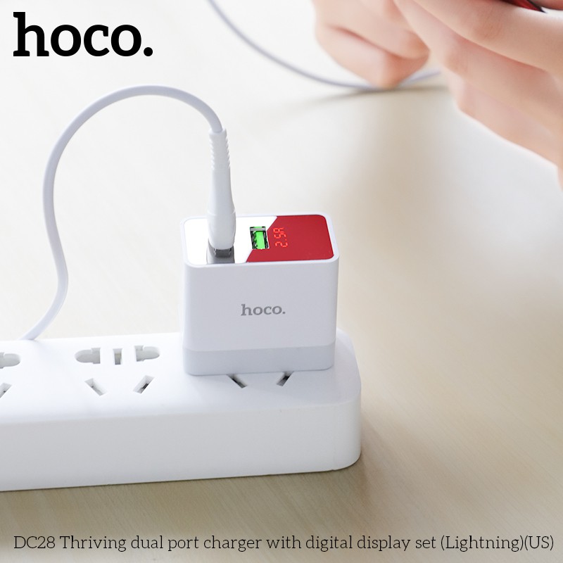 Bộ sạc nhanh Hoco DC28 màn hình led 2 cổng USB cáp Lightning 1m -Dành cho thiết bị Iphone, Ipad