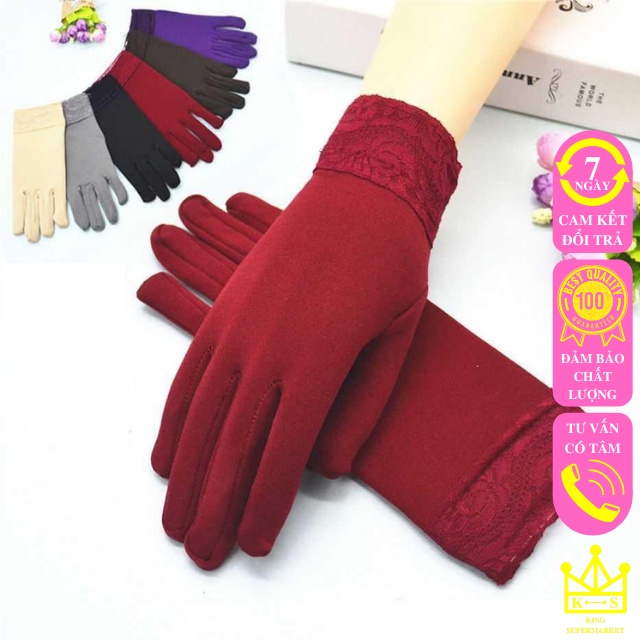 Găng tay chống nắng nữ xỏ ngón xe máy xe đạp dạng ngắn bao tay cản gió hoạ tiết phối ren nữ