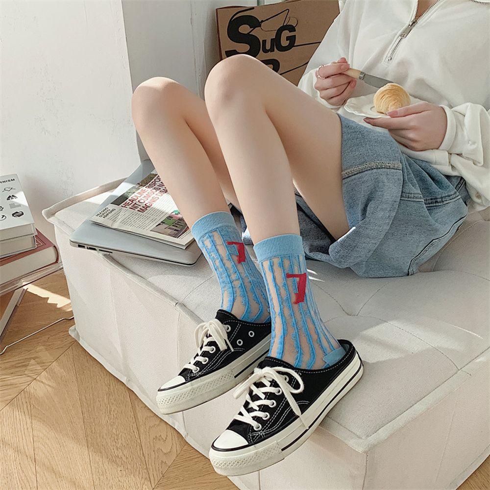 AROMA Vớ Cổ Trung Họa Tiết Kẻ Sọc In Chữ Đơn Giản Thời Trang Mùa Hè Phong Cách Hàn Quốc