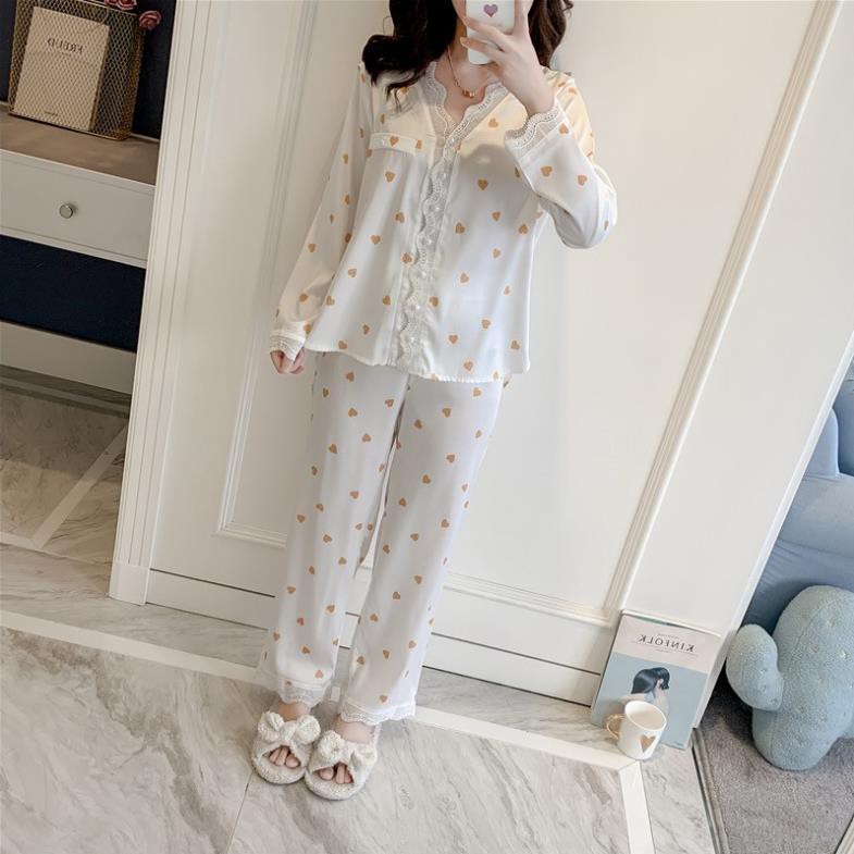 Bộ ngủ lụa Pijama dài tay hoạ tiết trái tim hàng cao cấp