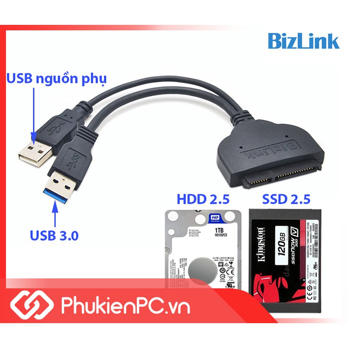 Cáp USB 3.0 hỗ trợ nguồn phụ cho ổ cứng HDD SSD 2.5 thương hiệu Bizlink