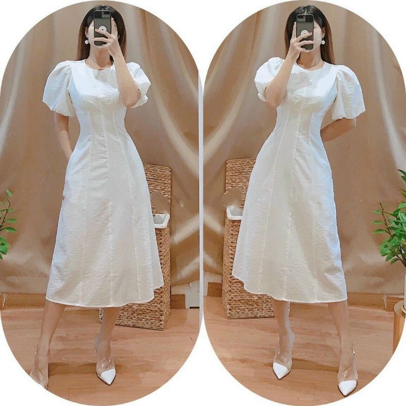 Đầm cổ tròn tay phồng may phối ly dọc thân chất vải linnen Vaco BT93