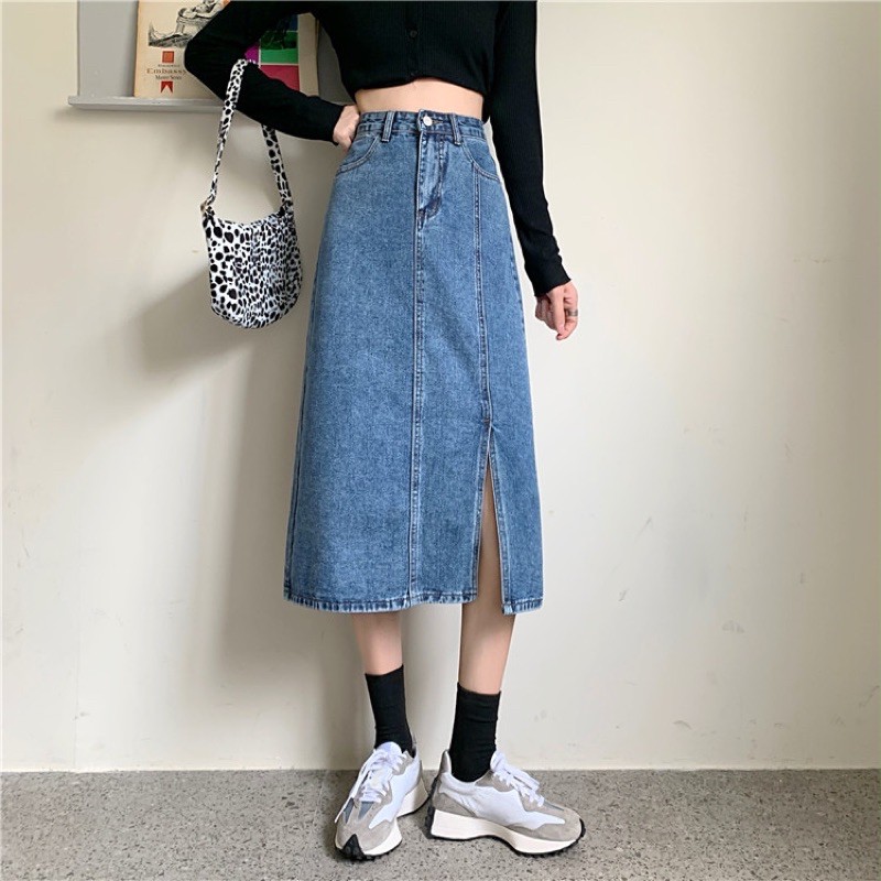 chân váy jean/denim A-line xẻ tà HÀNG CÓ SẴN