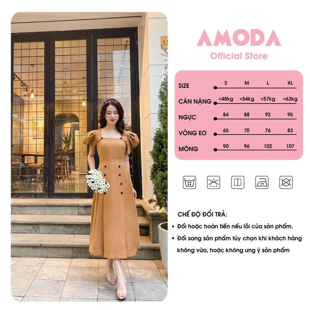 Váy xinh DANG DÀI siêu tôn dang tôn eo  vai bồng màu nâu dễ thương AMODA thiết kế cao cấp VN002