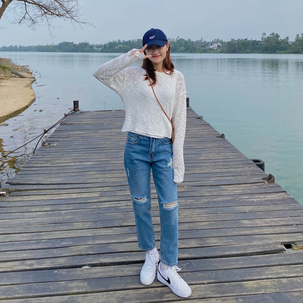 Quần Jeans Nữ Lưng Cao From Rộng  Kiểu Rách Thời Trang LDR-102
