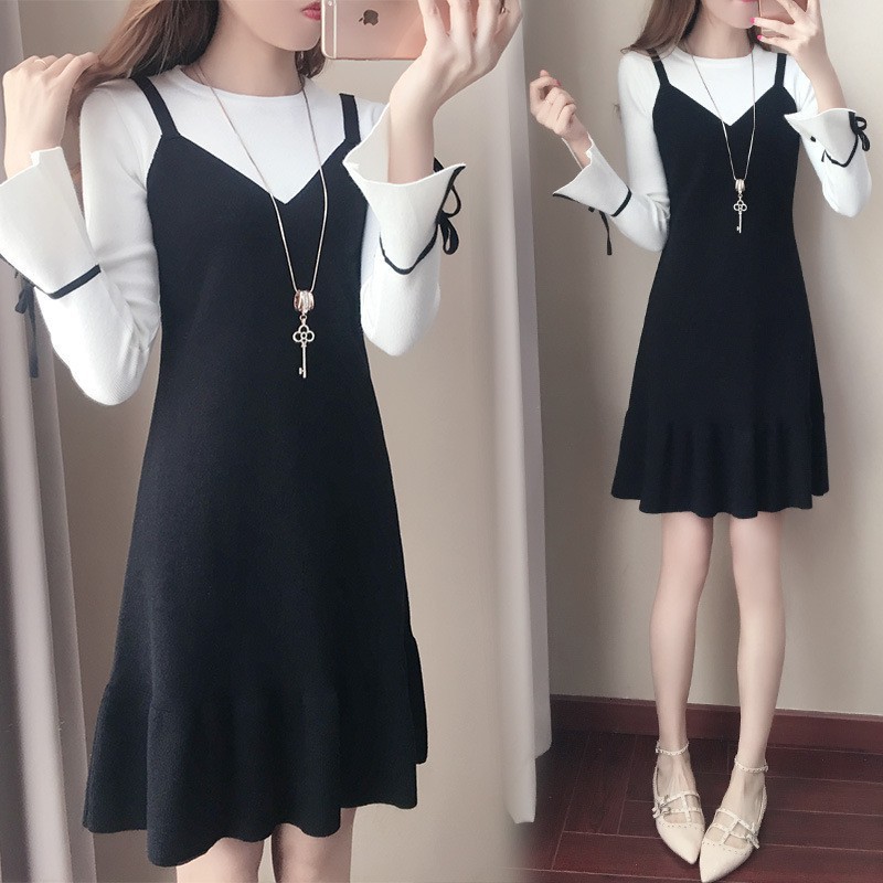 Đầm nữ giả yếm phối tay loe thắt nơ nữ tính