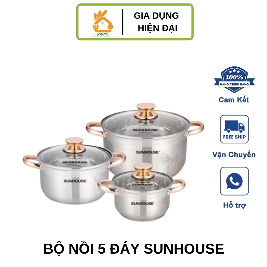 Bộ Nồi 5 Đáy Cao Cấp Sunhouse Dùng Mọi Loại Bếp SH781 - Bộ Nồi Inbox Cao Cấp, Truyền Nhiệt Nhanh, Tỏa Nhiệt Đều