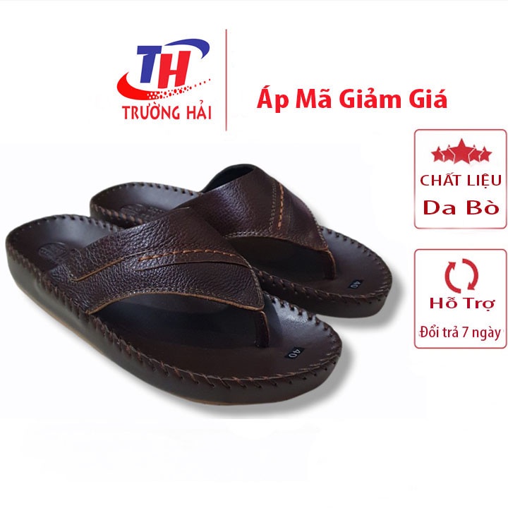Dép xỏ ngón nam Trường Hải da bò may viền màu nâu DN101