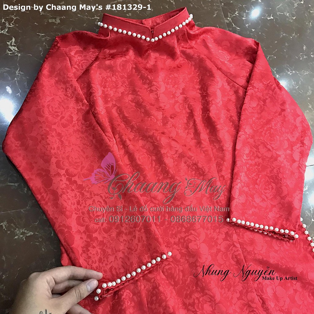 Áo Dài Cưới Cô Dâu Dự Tiệc Lễ Tết Đính Ngọ Vải Gấm Trắng Đỏ Hồng Vân Hoa Dệt Đẹp Cao Cấp