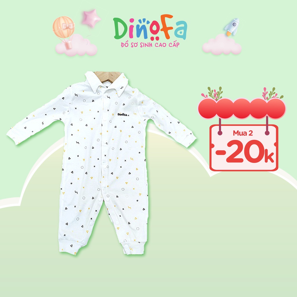 Jumpsuit cho bé DINOFA, Bodysuit dài tay 100% cotton, màu trắng, họa tiết ziczac từ 0-9M_J01-J03
