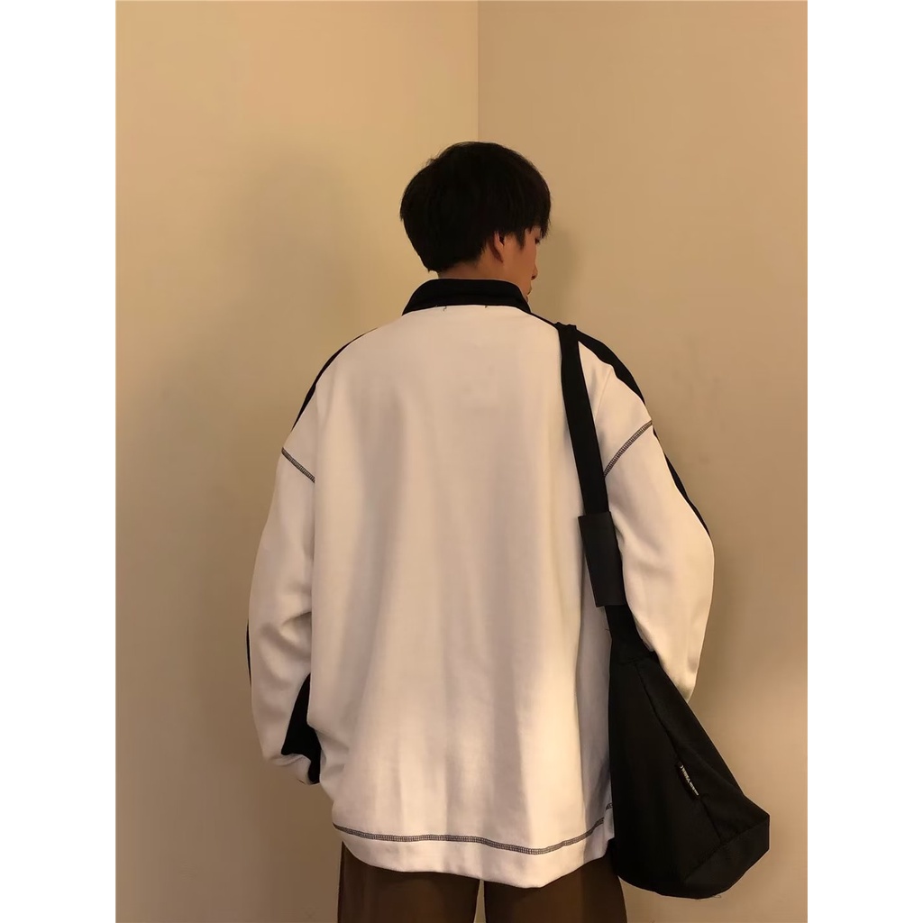 Áo Sweater POLO Dáng Rộng Tay Dài Cổ Đứng Phối Màu Trắng Đen Tương Phản Thời Trang Cho Nam